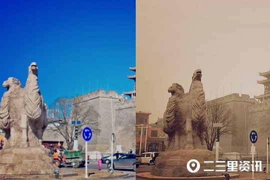 榆林市沙尘暴来袭！榆林地标建筑沙尘暴VS晴天对比图