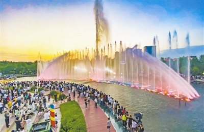 榆林沙河公园音乐喷泉夏日清凉世界