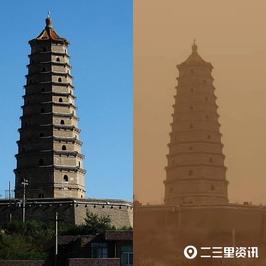 榆林市沙尘暴来袭！榆林地标建筑沙尘暴VS晴天对比图