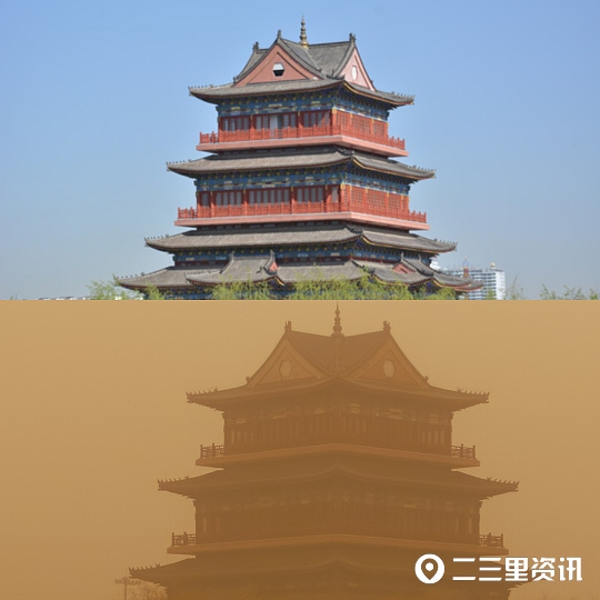 榆林市沙尘暴来袭！榆林地标建筑沙尘暴VS晴天对比图