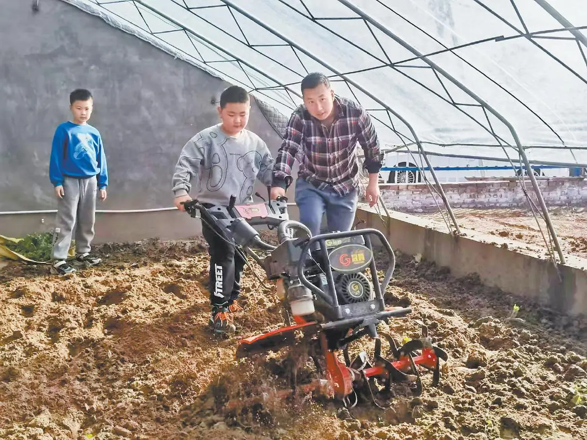 <a href=http://www.zaiyulin.com/txy/zhangbaoshuai/ target=_blank class=infotextkey>张保帅</a>（右）组织青少年开展农耕实践活动，在温室大棚教孩子们使用耕地机器。高苗摄