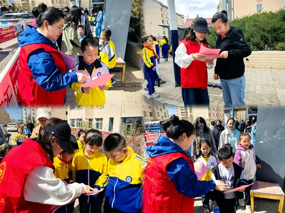 志愿者走进校园周边,向学生及家长开展未成年人保护宣传活动