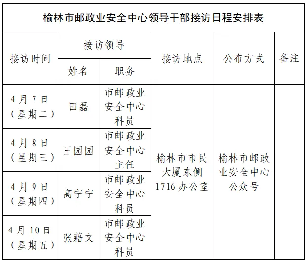 榆林市邮政业安全中心领导干部坐班接访安排(4月7日至4月10日)
