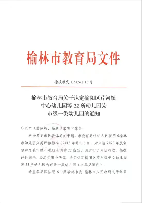 榆林市教育局关于认定榆阳区芹河镇中心幼儿园等22所幼儿园为市级一类幼儿园的通知