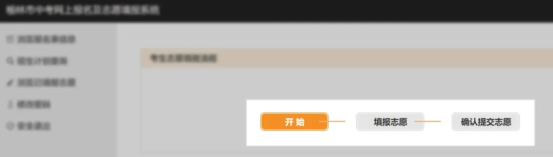 此时系统界面内左侧已无“填写或修改志愿”按钮，中间“填报志愿”与“确认提交志愿”均为灰色选框，点击后不再弹出对话框。