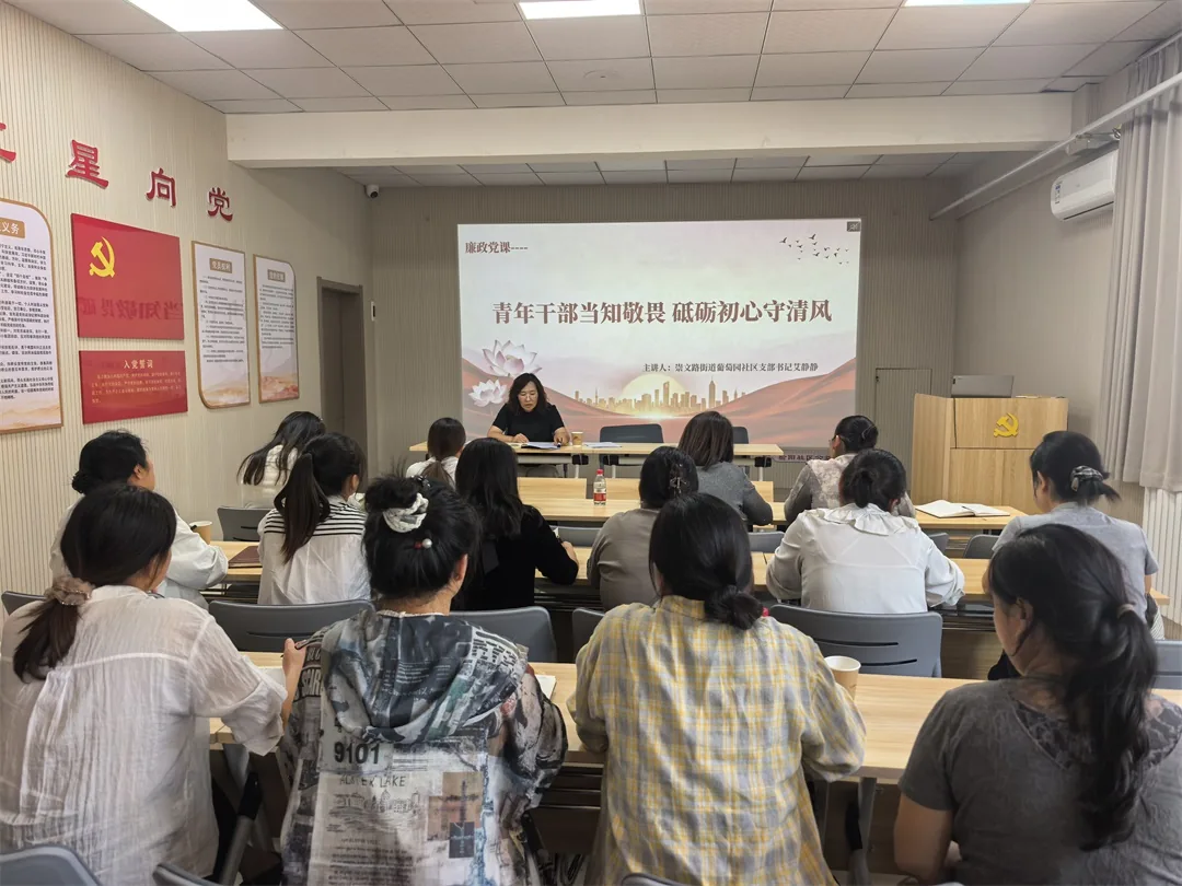 9月11日,榆阳区崇文路街道葡萄园社区开展“青年干部当知敬畏 砥砺初心守清风”主题廉政党课
